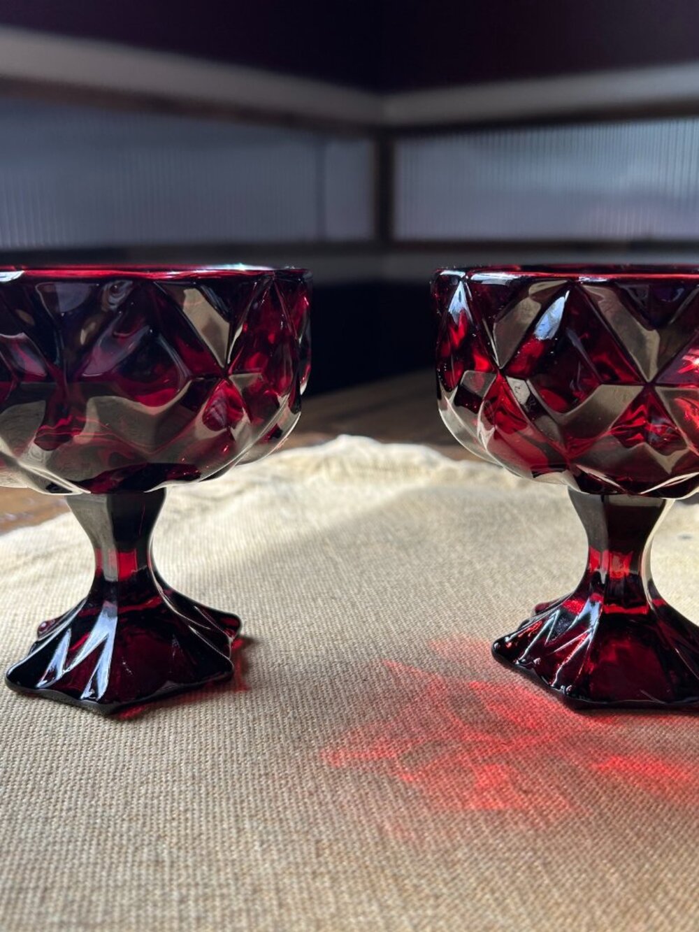 Threshold faceted  Deep red   pedestal Sherbet bowl  set of 2 4.5 in height  4 i